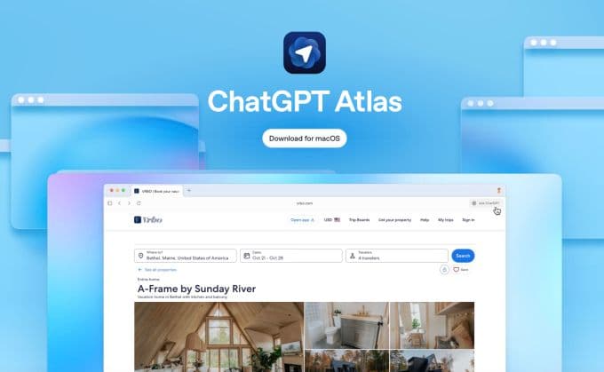 Giao diện trình duyệt ChatGPT Atlas hiển thị trên macOS với bảng điều khiển ChatGPT ở bên phải.