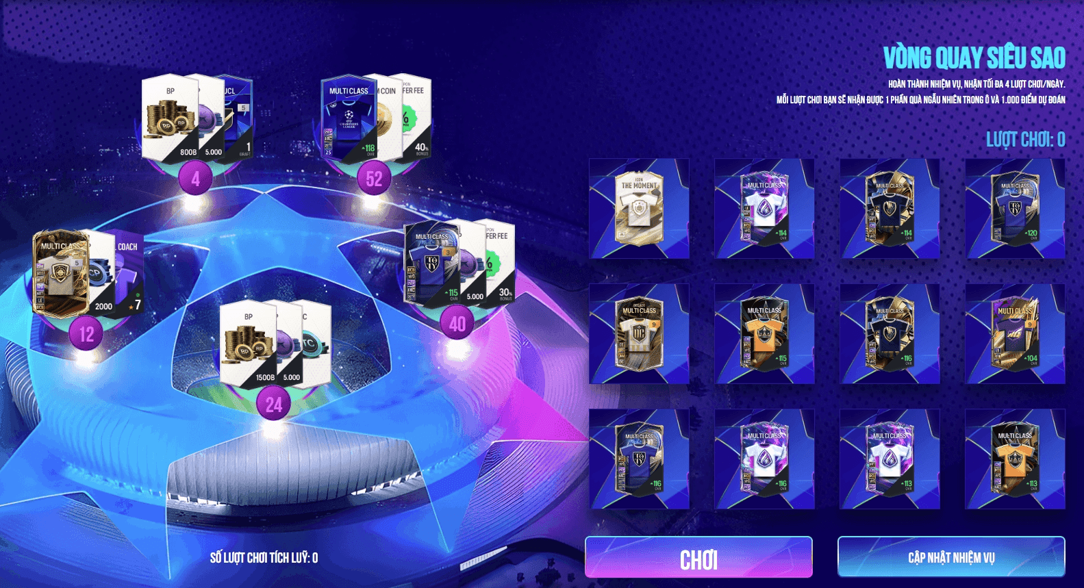 Giao diện vòng quay siêu sao trong FC Online, hiển thị các phần thưởng giá trị như BP và thẻ cầu thủ, minh họa sức mạnh của FC.