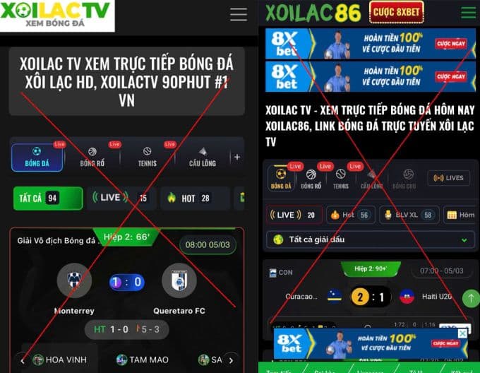 Giao diện Xôi Lạc TV với các trận đấu bóng đá và quảng cáo cá độ bị đánh dấu chéo, thể hiện nội dung lậu và rủi ro.