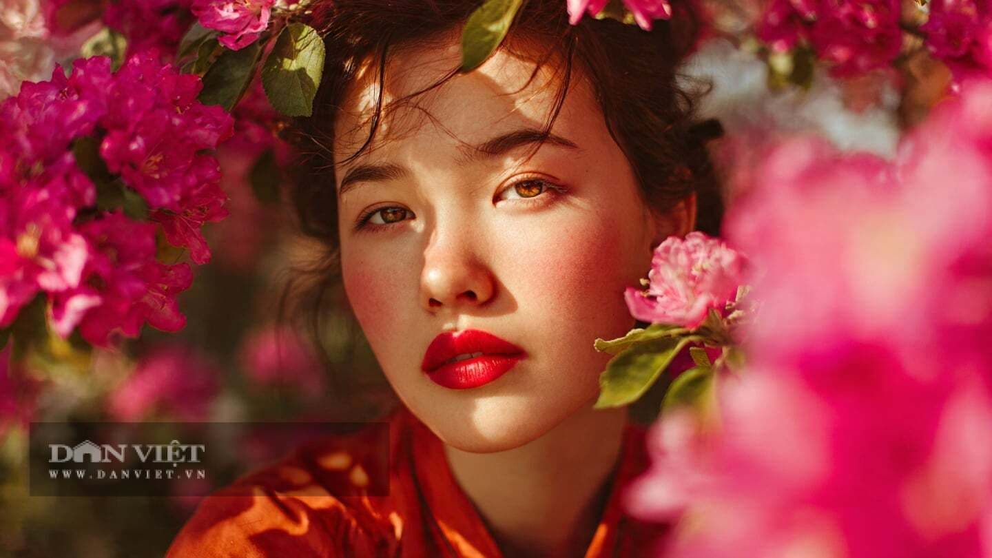 Gương mặt người phụ nữ với vẻ đẹp thanh thoát giữa sắc hoa tươi tắn, thể hiện tâm thế lạc quan và khả năng kiến tạo cơ hội.