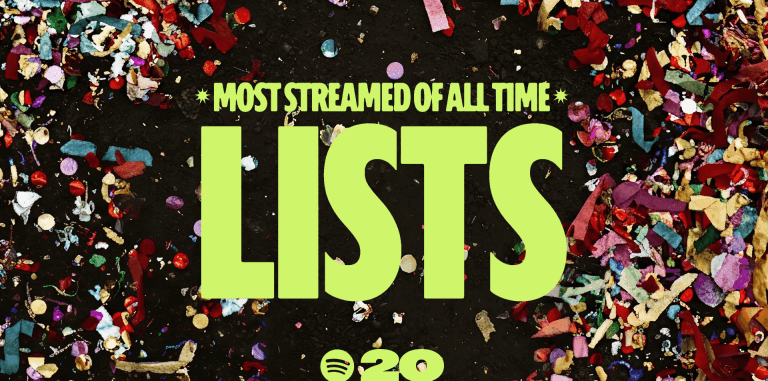 Đồ họa 'Các danh sách được nghe nhiều nhất mọi thời đại' với logo Spotify 20, thể hiện ảnh hưởng toàn cầu của nền tảng.