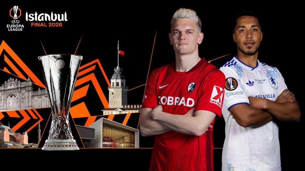 Đồ họa chung kết Europa League 2026 tại Istanbul với chiếc cúp danh giá, biểu tượng cho giấc mơ vươn tầm của các câu lạc bộ.