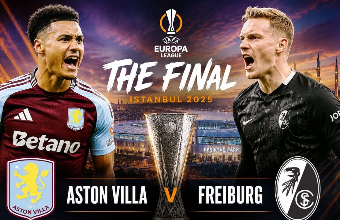 Đồ họa chung kết UEFA Europa League 2025 tại Istanbul giữa Aston Villa và Freiburg, với chiếc cúp ở trung tâm.