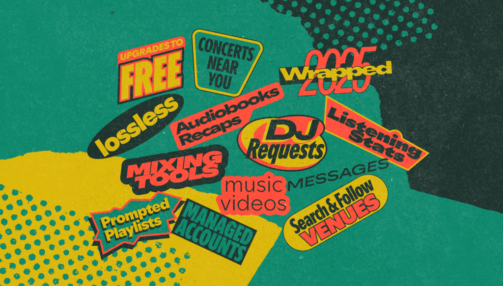 Đồ họa liệt kê các tính năng của Spotify như Wrapped, DJ Requests, Audiobooks, minh họa sự đổi mới liên tục của nền tảng.