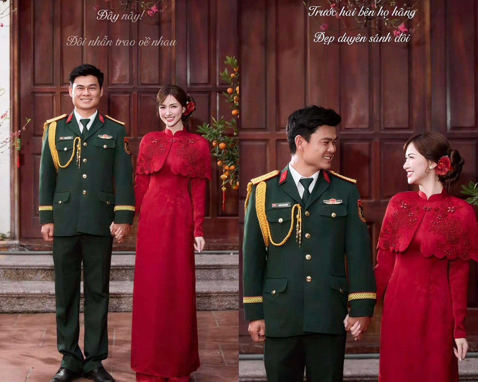 Hòa Minzy và bạn trai quân nhân trong trang phục truyền thống, thể hiện khát vọng về hạnh phúc gia đình.