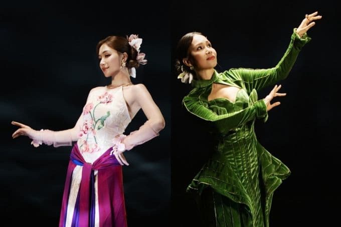 Hòa Minzy và Cẩm Ly trong trang phục truyền thống, biểu diễn MV 'Người Việt mình thương nhau', tượng trưng cho sự giao thoa văn hóa.