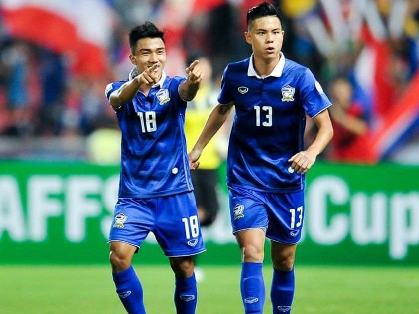 Hai cầu thủ đội tuyển bóng đá Thái Lan trên sân cỏ, thể hiện tinh thần thi đấu