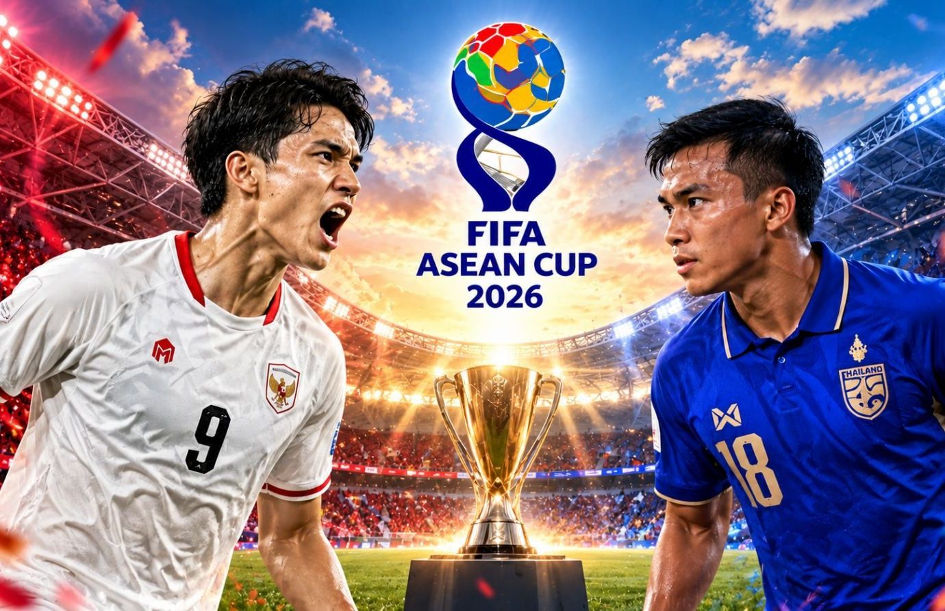 Hai cầu thủ Indonesia và Thái Lan đối mặt trước cúp vô địch FIFA ASEAN Cup 2026, biểu tượng cho trận chung kết kịch tính.