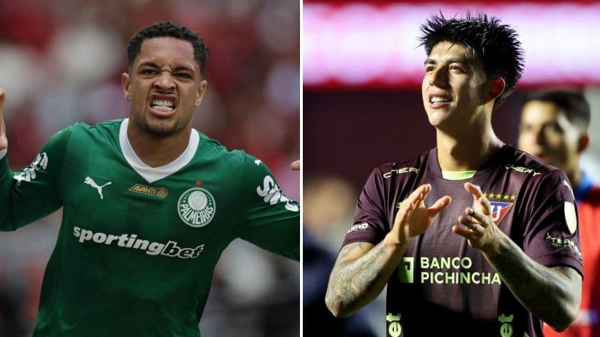 Hai cầu thủ, một của Palmeiras (áo xanh lá) và một của LDU Quito (áo sẫm màu), thể hiện sự quyết tâm trong trận đấu Copa Libertadores.