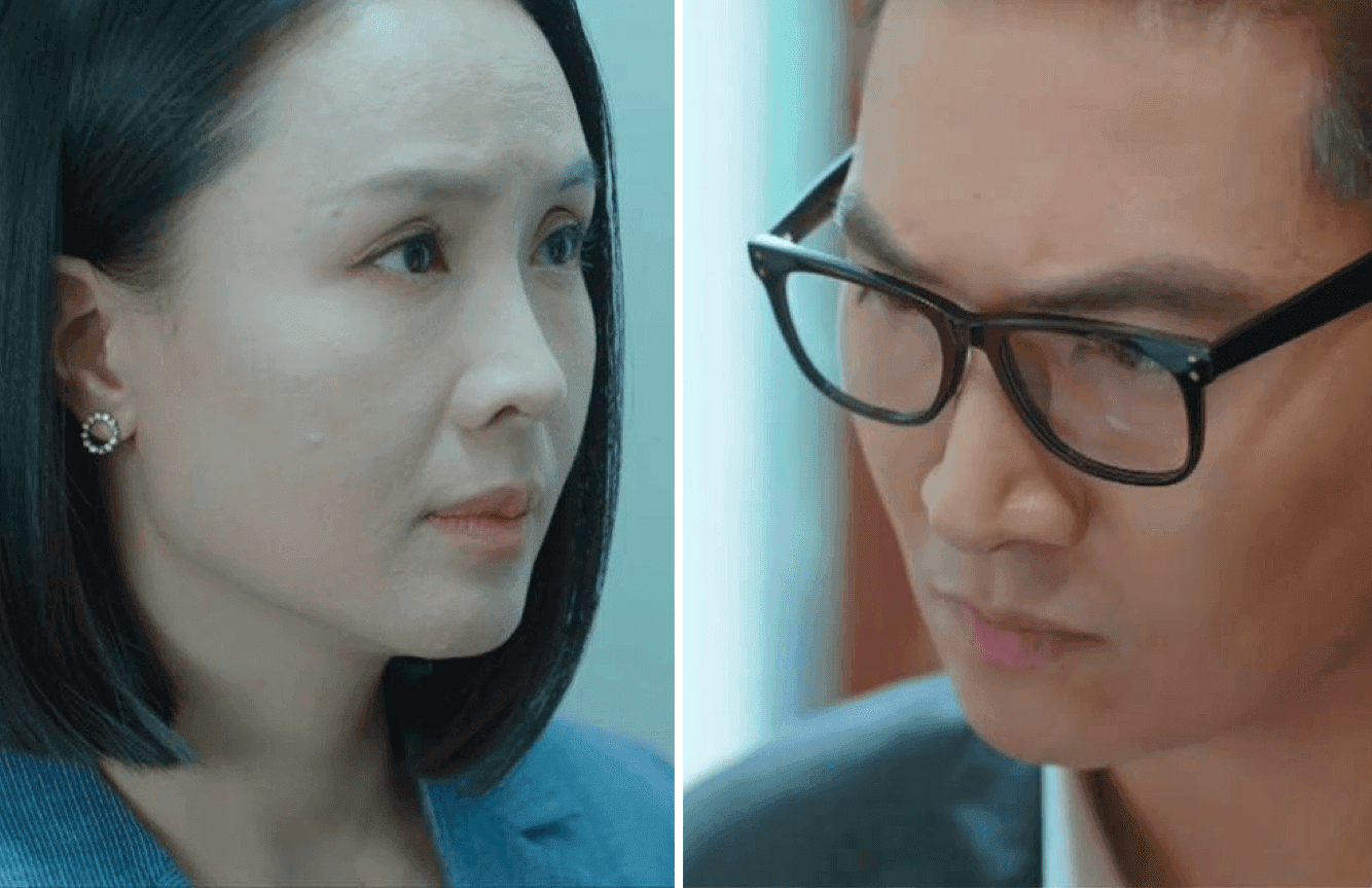 Hai diễn viên Hồng Diễm và Mạnh Trường trong phim 'Lằn Ranh' với biểu cảm nghiêm túc.