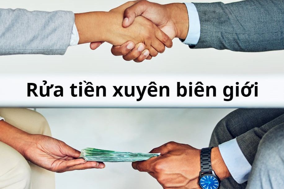 Hai người bắt tay nhau và trao đổi tiền mặt, với dòng chữ 'Rửa tiền xuyên biên giới', thể hiện sự thông đồng và giao dịch bất hợp pháp trong hệ thống ngân hàng.