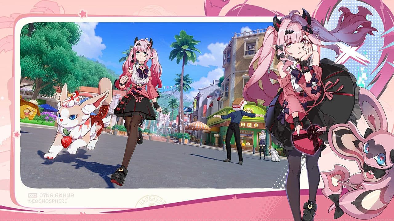 Hai nhân vật nữ cùng những Anima đồng hành đáng yêu trong thế giới Honkai: Nexus Anima, sẵn sàng cho cuộc phiêu lưu.