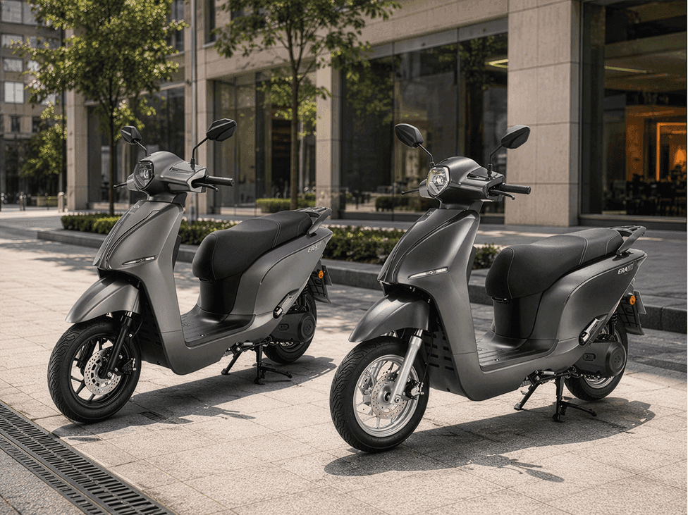 Hai xe máy điện Dat Bike Era màu xám đỗ trên vỉa hè đô thị, thể hiện thiết kế thực dụng và thân thiện.