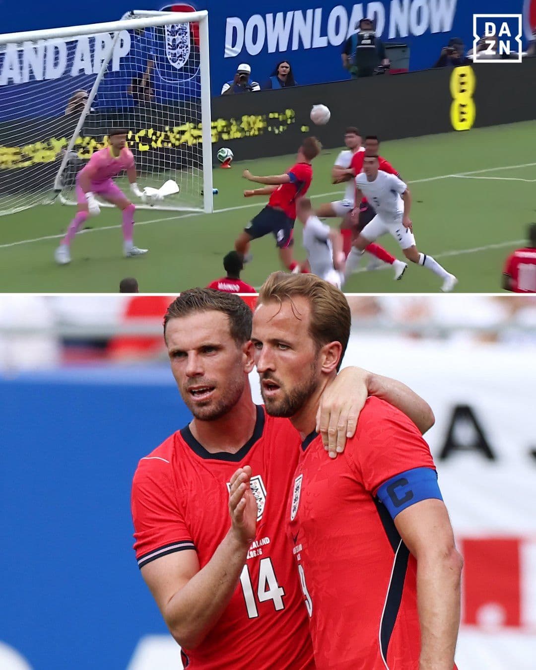 Harry Kane đánh đầu ghi bàn mở tỷ số và ăn mừng cùng đồng đội trong trận Anh thắng New Zealand 1-0.