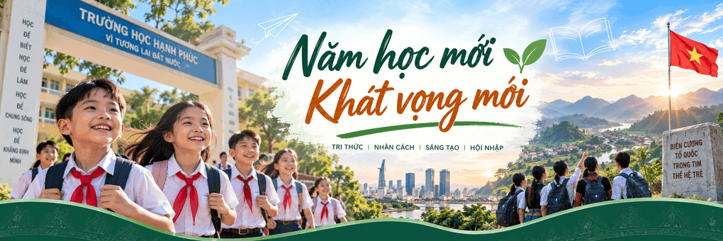 Học sinh tươi cười bước vào năm học mới với bối cảnh thành phố hiện đại và cột mốc biên giới, tượng trưng cho khát vọng và tương lai của giáo dục vùng biên.