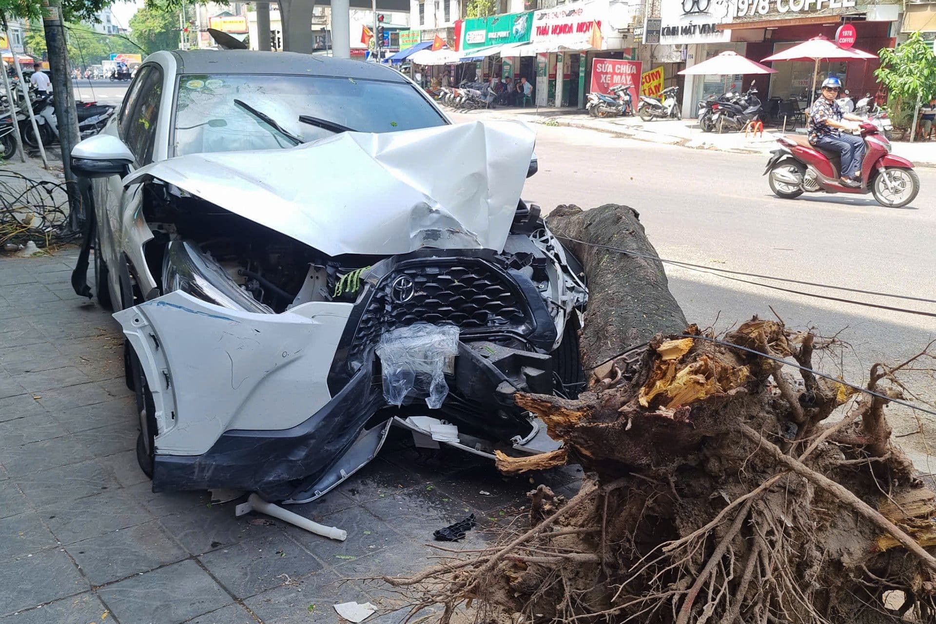 Hiện trường vụ tai nạn giao thông liên hoàn trên phố Trần Đại Nghĩa với ô tô hư hỏng nặng và cây đổ.