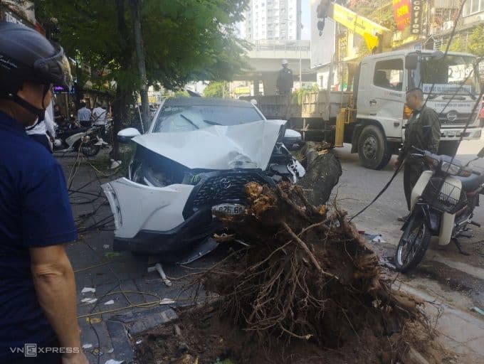 Hiện trường vụ tai nạn liên hoàn trên phố Trần Đại Nghĩa với chiếc ô tô gây tai nạn và cây phượng bị đổ.