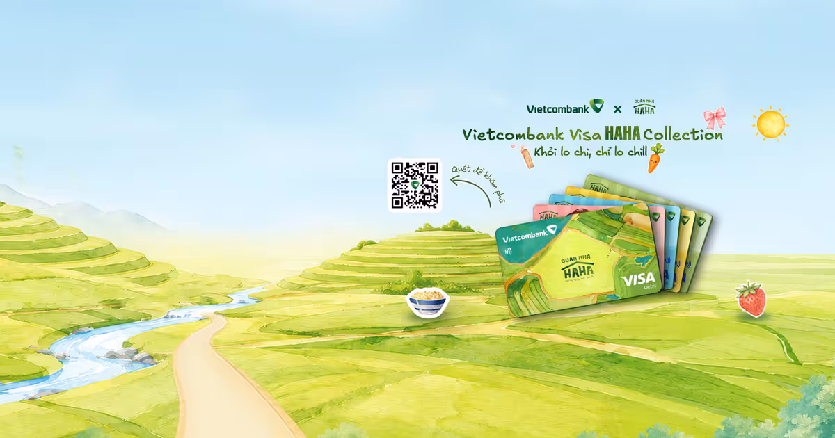 Hình ảnh quảng bá bộ thẻ Vietcombank Visa Haha Collection kết hợp cùng chương trình Quán Nhà Haha