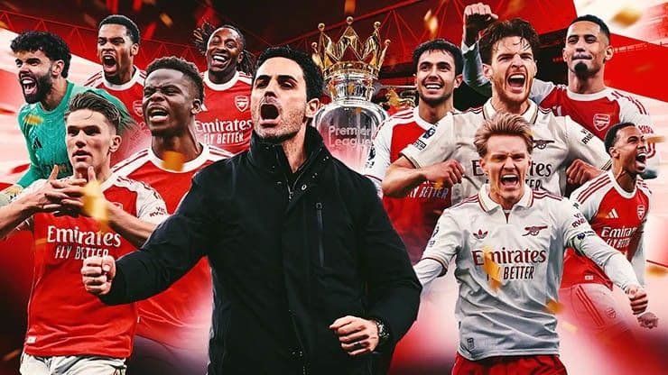 HLV Mikel Arteta và các cầu thủ Arsenal ăn mừng chức vô địch Ngoại hạng Anh.