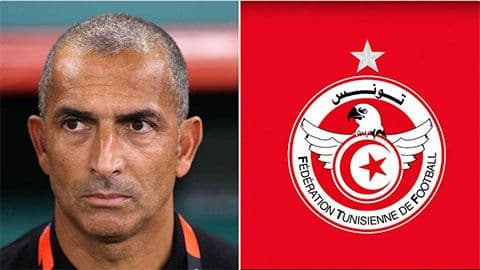 HLV Sabri Lamouchi và logo Liên đoàn Bóng đá Tunisia, biểu tượng cho sự nghiệp ngắn ngủi trên ghế nóng.