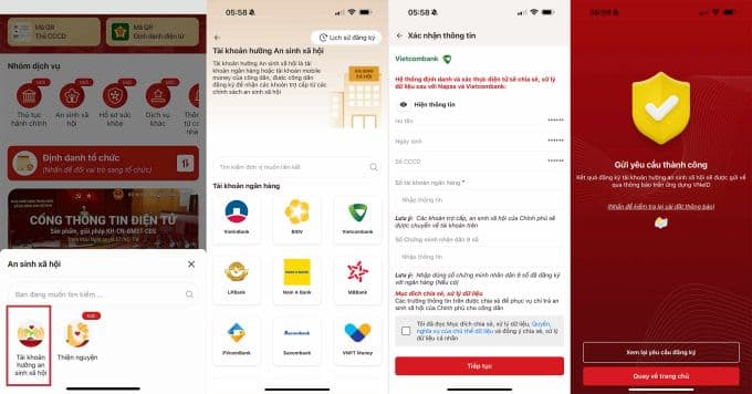 Hướng dẫn các bước tích hợp tài khoản ngân hàng vào mục An sinh xã hội trên ứng dụng VNeID.