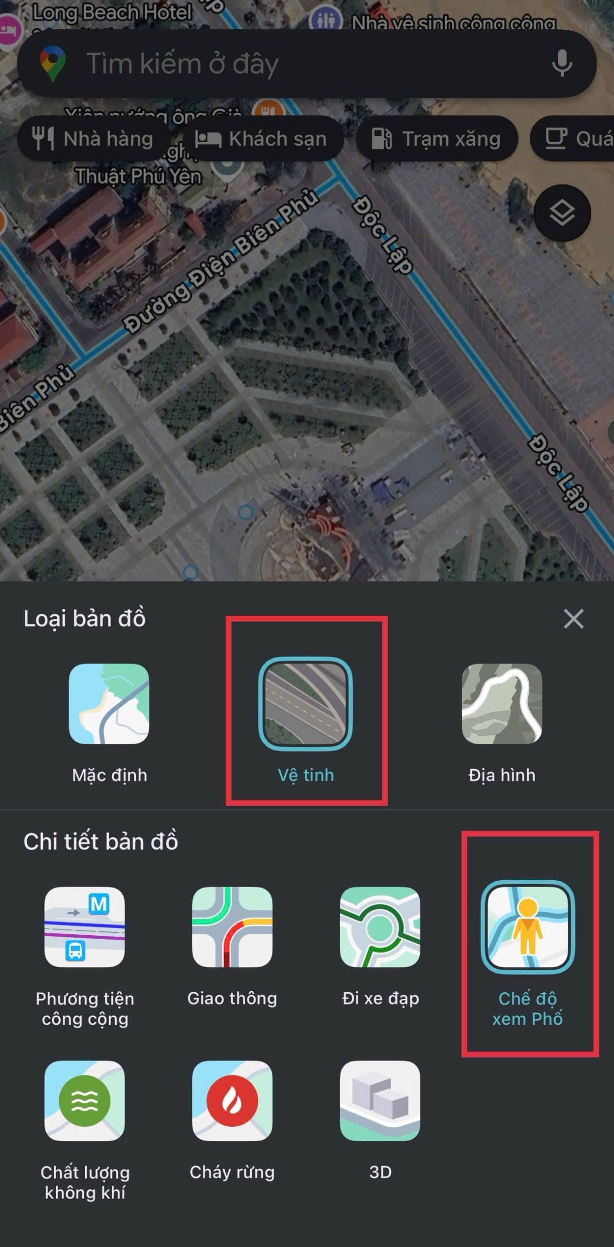 Hướng dẫn chọn chế độ xem 'Vệ tinh' và 'Chế độ xem Phố' trong Google Maps để bắt đầu du hành thời gian.