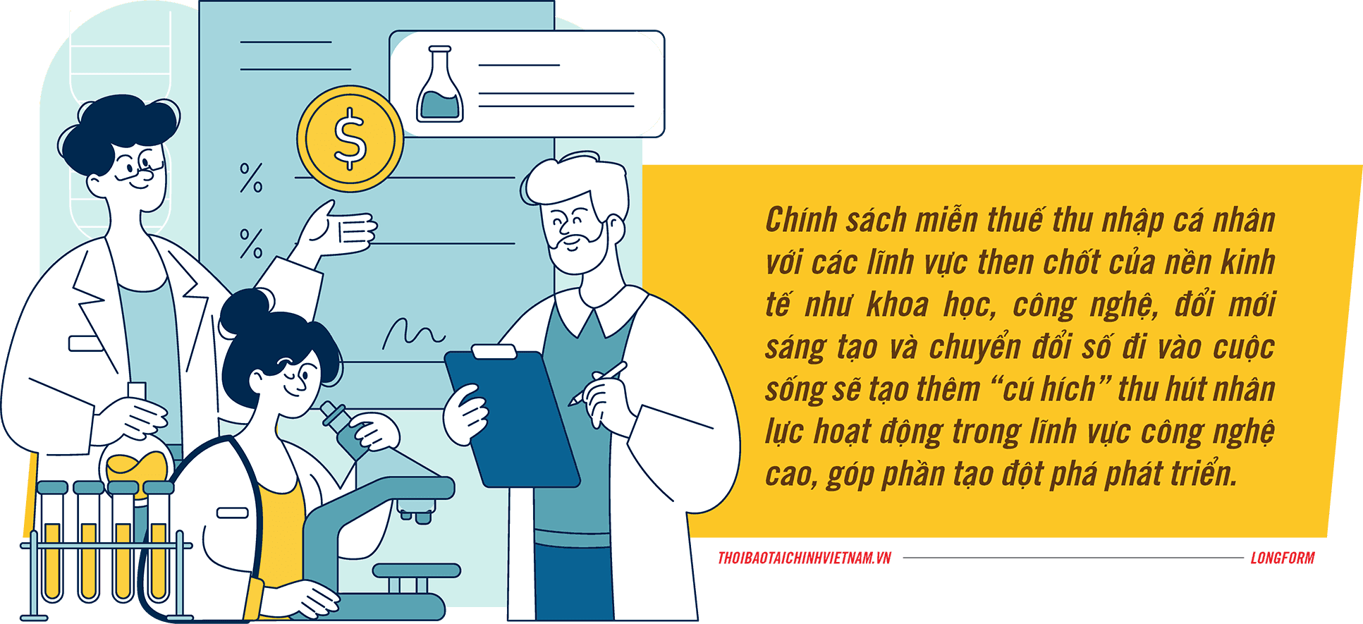 Hình minh họa các nhà khoa học và chuyên gia công nghệ, tượng trưng cho các khoản thu nhập miễn thuế mới trong lĩnh vực khoa học, công nghệ và đổi mới sáng tạo.