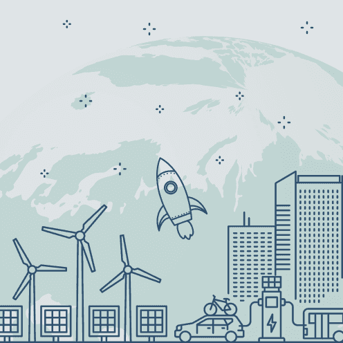 Hình minh họa hệ sinh thái công nghệ toàn cầu với các tòa nhà, tuabin gió và tên lửa, thể hiện sự phụ thuộc của hạ tầng số.