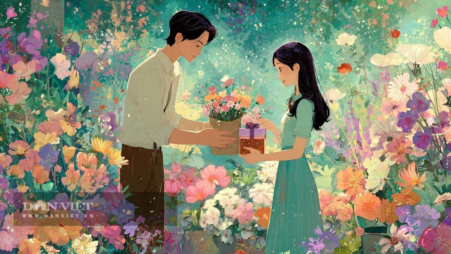 Hình minh họa một người đàn ông tặng hoa và quà cho người phụ nữ, tượng trưng cho lời hứa và sự thấu hiểu trong tình yêu.