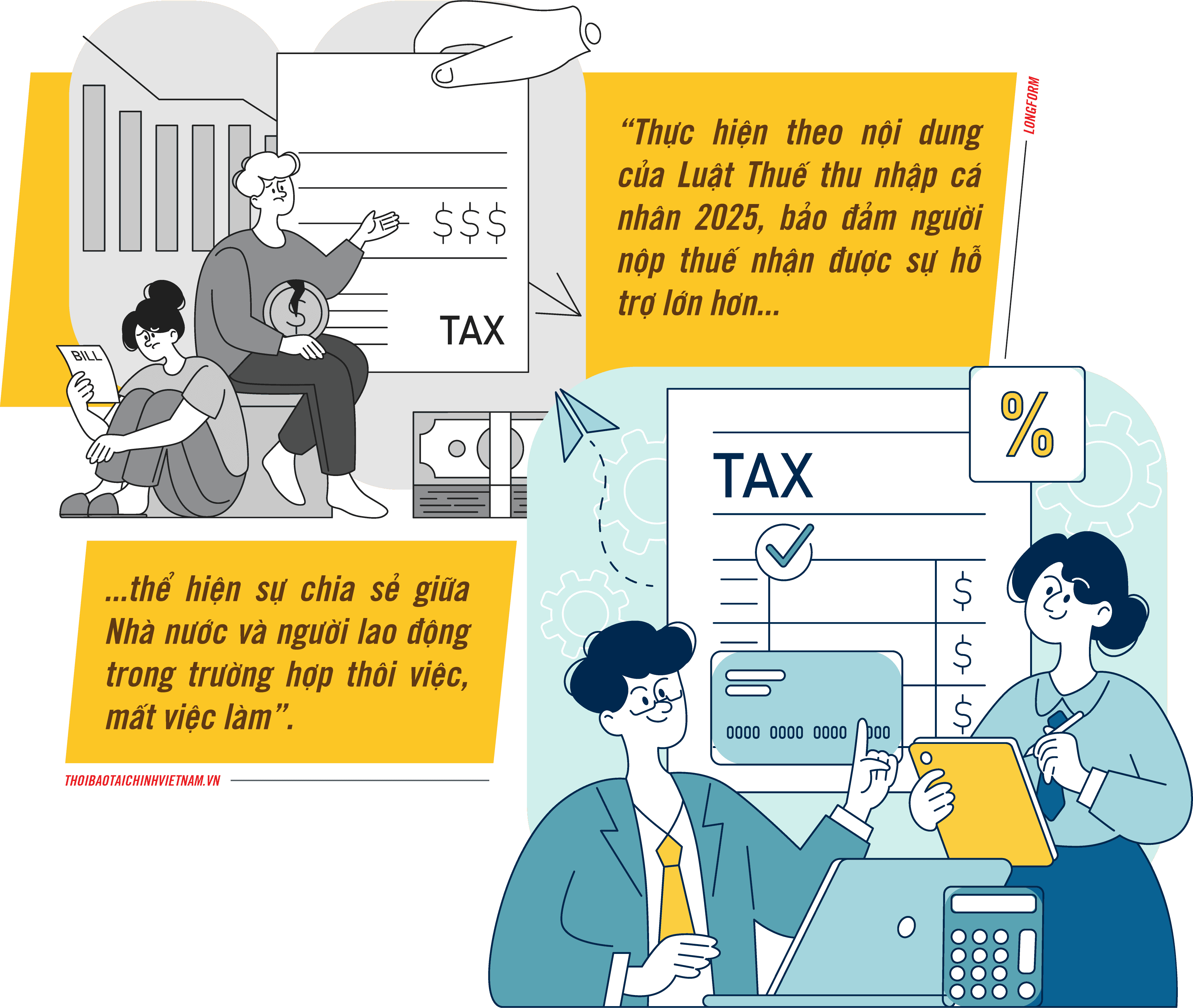 Hình minh họa người dân và tài liệu thuế, thể hiện áp lực và thách thức trong việc thực hiện các quy định khấu trừ thuế mới.