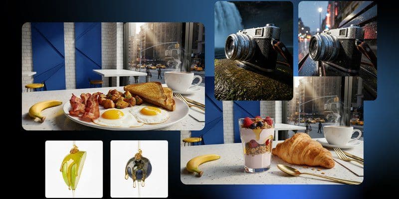 Hình ảnh đa dạng được tạo bởi Gemini 2.5 Flash Image, bao gồm bữa sáng với chuối, máy ảnh và đồ trang sức, minh họa khả năng sáng tạo của 'nano-banana'.