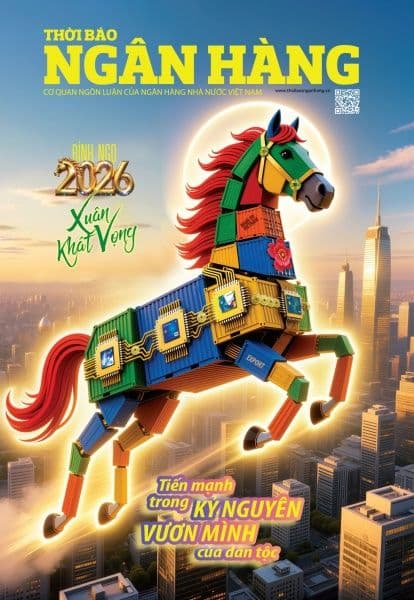 Hình ảnh bìa Thời báo Ngân hàng với ngựa cách điệu từ linh kiện điện tử, tượng trưng cho sự chuyển đổi số trong ngành ngân hàng.