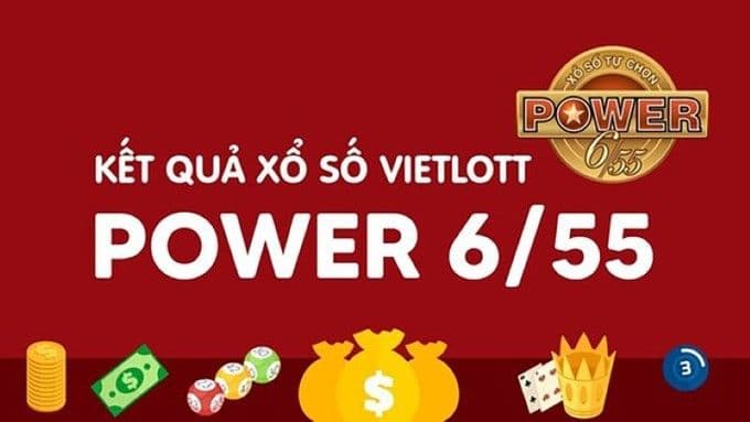 Hình ảnh biểu tượng của xổ số Vietlott Power 6/55 với chữ 'KẾT QUẢ XỔ SỐ VIETLOTT POWER 6/55' và các biểu tượng tiền bạc, quả bóng xổ số, vương miện tượng trưng cho giải thưởng.