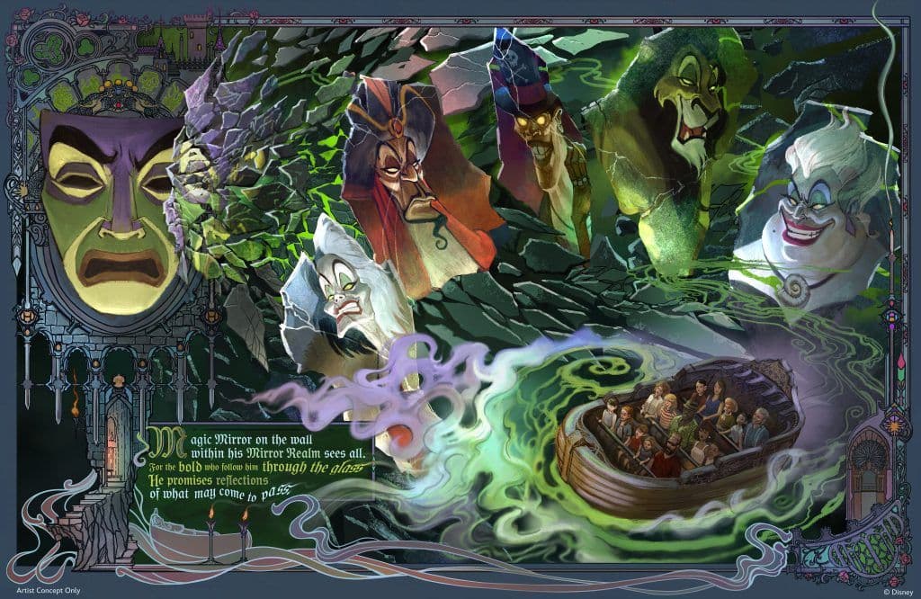 Hình ảnh concept của một chuyến đi trong Villains Land, với các nhân vật phản diện Disney như Maleficent, Jafar, Scar và Ursula, thể hiện sự sáng tạo mới của Disney.