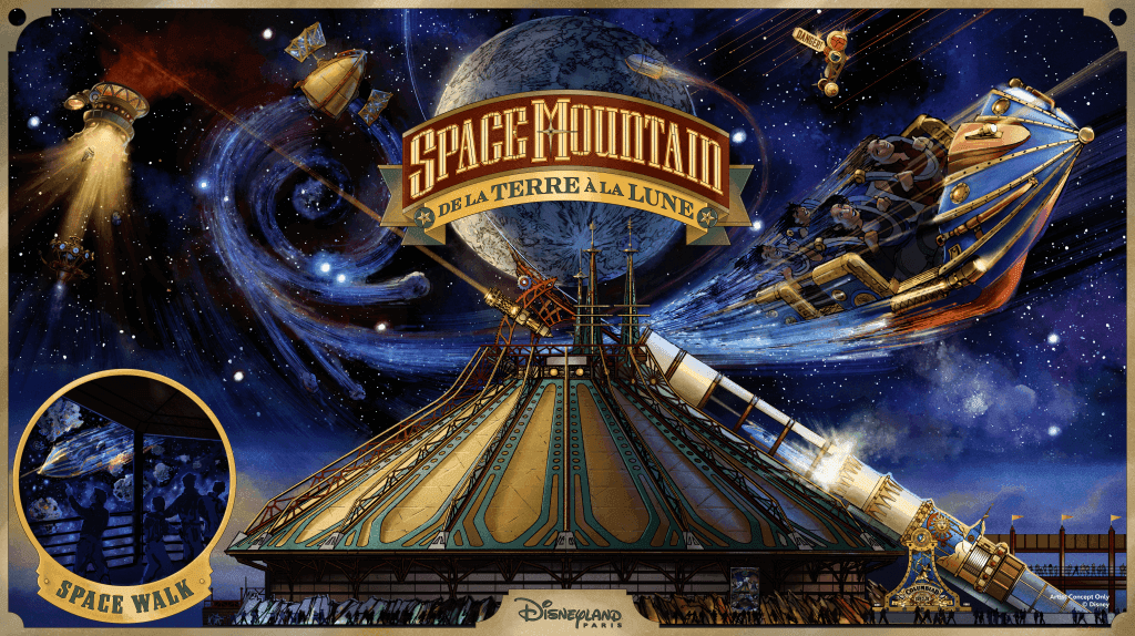 Hình ảnh concept của Space Mountain tại Disneyland Paris, với tên gọi "De la Terre à la Lune", thể hiện sự đổi mới nhưng vẫn tôn vinh di sản và nguồn gốc của Disney.