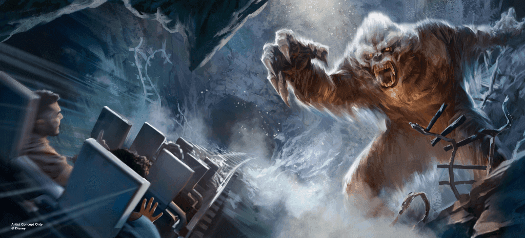 Hình ảnh concept của Yeti hung dữ xuất hiện trên đường ray tàu lượn Expedition Everest, tượng trưng cho sự hồi sinh của các nhân vật kinh điển tại Disney.