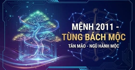 Hình ảnh cây tùng bách Mộc năm 2011 phát sáng với các dải năng lượng, tượng trưng cho việc sống tỉnh thức và hòa mình vào nhịp điệu tự nhiên của lịch âm.