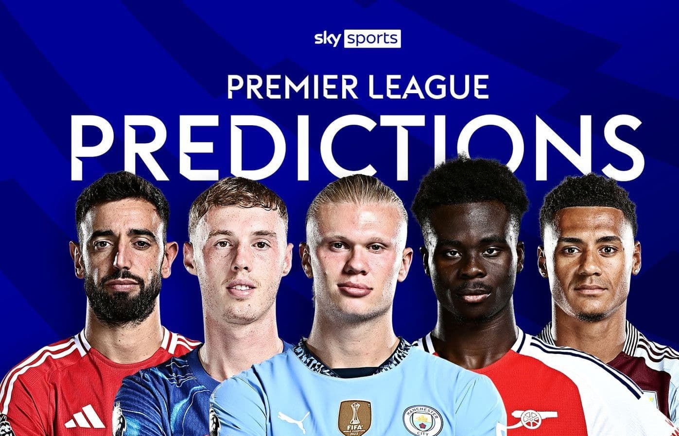 Hình ảnh dự đoán Premier League với các cầu thủ nổi bật như Bruno Fernandes, Phil Foden, Erling Haaland, Bukayo Saka và Jude Bellingham, thể hiện sự cạnh tranh và tiến hóa của giải đấu