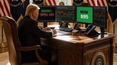 Hình ảnh do AI tạo ra của cựu Tổng thống Donald Trump theo dõi thị trường chứng khoán, minh họa việc sử dụng AI trong chính trị hậu sự thật.