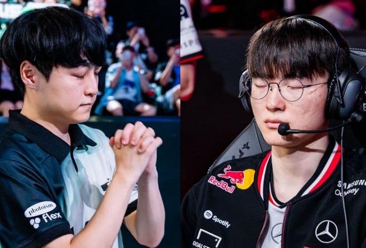 Hình ảnh ghép của Showmaker (DK) và Faker (T1) thể hiện cuộc đối đầu giữa hai thủ lĩnh tinh thần.