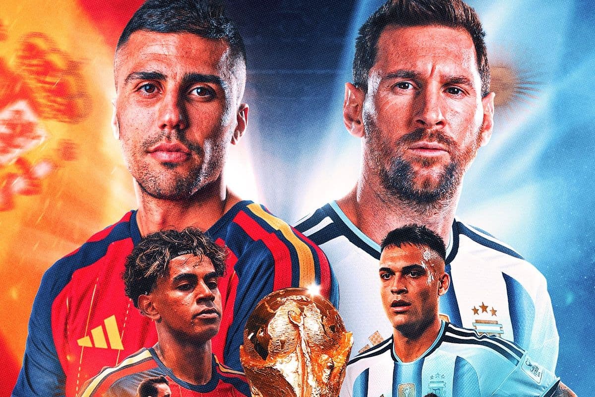 Hình ảnh ghép các cầu thủ chủ chốt của Tây Ban Nha và Argentina, tượng trưng cho cuộc đối đầu chiến thuật giữa logic và thiên tài