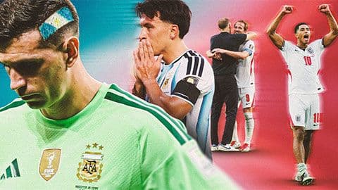 Hình ảnh ghép cầu thủ Argentina thất vọng và cầu thủ Anh ăn mừng, tượng trưng cho sự đối đầu căng thẳng giữa hai đội tuyển.