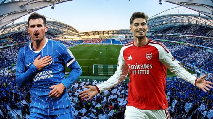 Hình ảnh ghép hai cầu thủ Brighton và Arsenal với sân vận động đầy khán giả phía sau, tượng trưng cho nghi lễ đương đại của một trận đấu bóng đá.