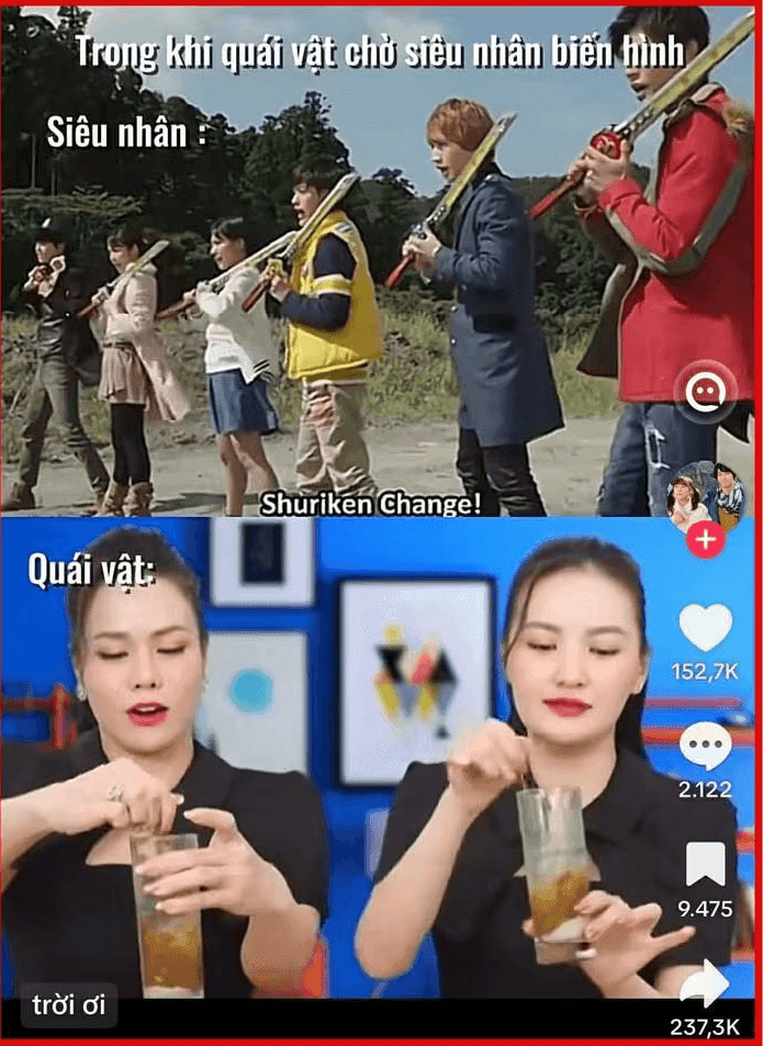 Hình ảnh ghép meme Nhật Kim Anh quảng cáo cà phê và siêu nhân, minh họa hiện tượng viral trên mạng xã hội.