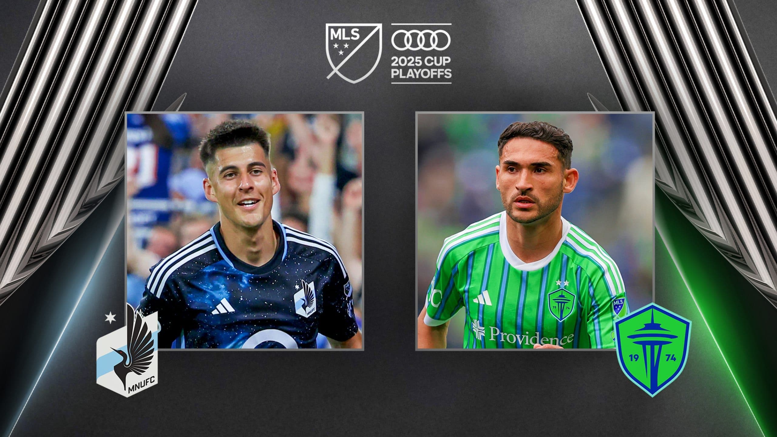 Hình ảnh đồ họa trận đấu giữa Minnesota United và Seattle Sounders tại vòng Playoff MLS Cup 2025.