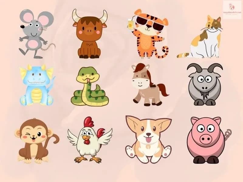 Hình ảnh hoạt hình 12 con giáp, tượng trưng cho sự đa dạng của các tính cách và tiềm năng.