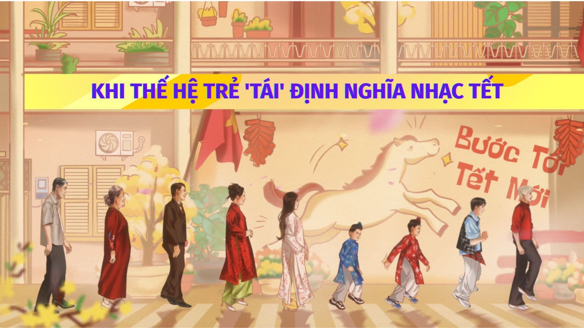 Hình ảnh hoạt hình minh họa các thế hệ cùng bước tới Tết mới, thể hiện sự tái định nghĩa nhạc Tết.
