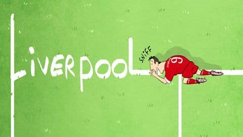 Hình ảnh hoạt hình một cầu thủ Liverpool thất vọng trên sân cỏ sau trận thua AC Milan.