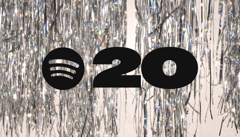 Hình ảnh kỷ niệm 20 năm Spotify với logo và số 20 trên nền kim tuyến lấp lánh.