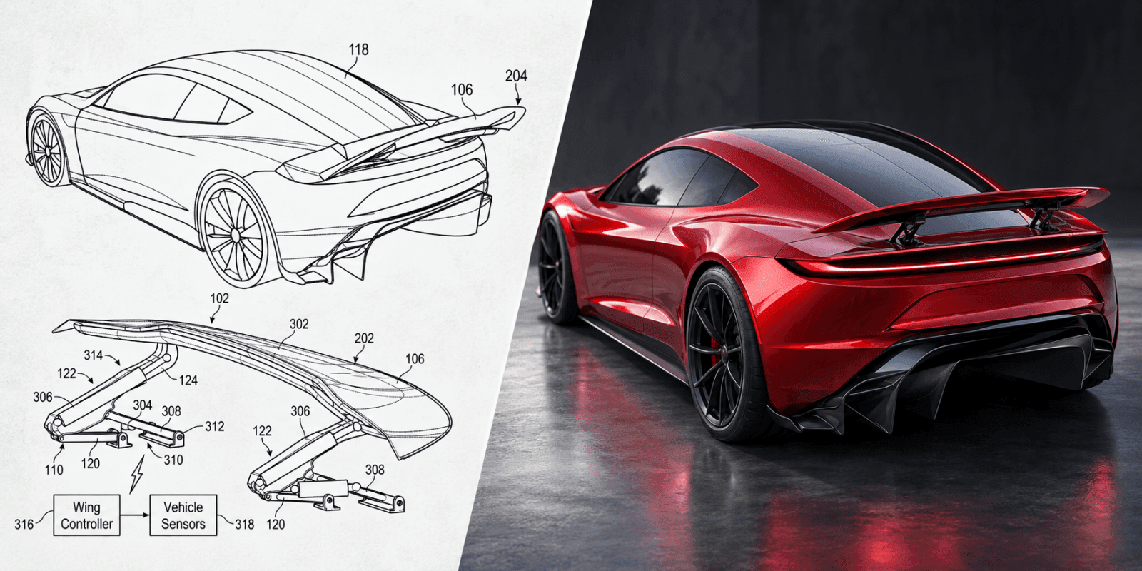 Hình ảnh kết hợp xe Tesla Roadster màu đỏ với cánh gió chủ động được triển khai và bản vẽ bằng sáng chế mô tả cơ chế cánh gió.
